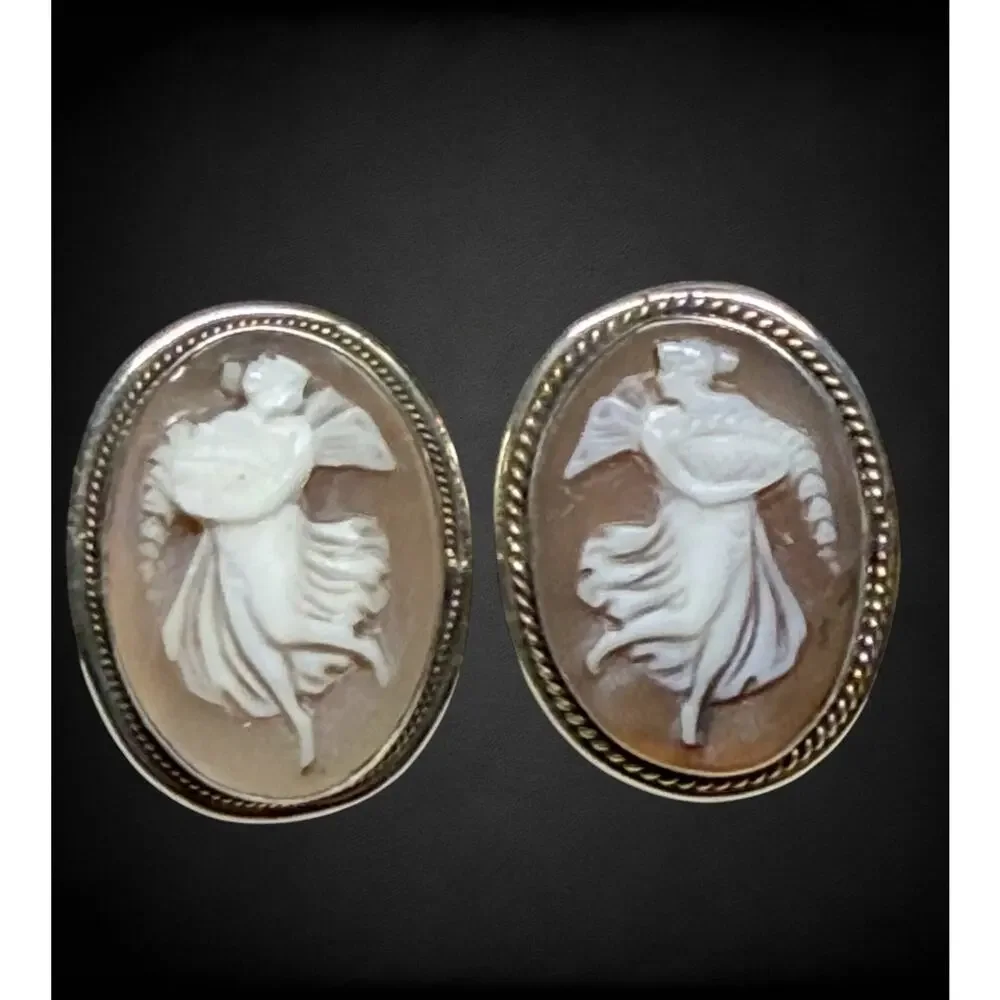 Vintage Sterling Shell Cameo Dancing Muse Necklace & Matching Clip Earrings Set